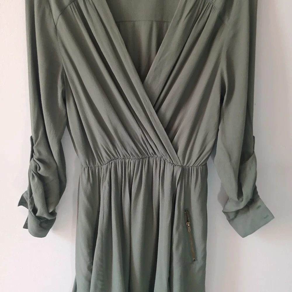 Maeve Women's Size XS Olive Green Faux Wrap Midi Dress Zip Pockets Roll-Tab - Picture 4 of 12